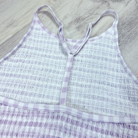 Lavender & White Gingham Print Ruffled Hem High-Neck Racerback Smocked Gauze Top - Picture 7 of 10